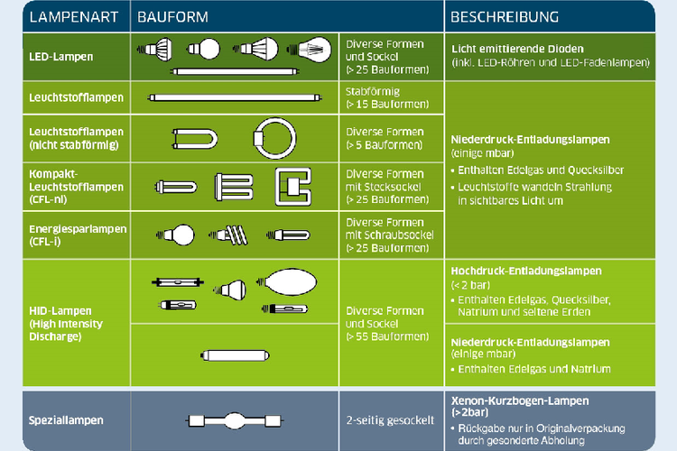 Infografik "Getrennt zu entsorgende Lampentypen"