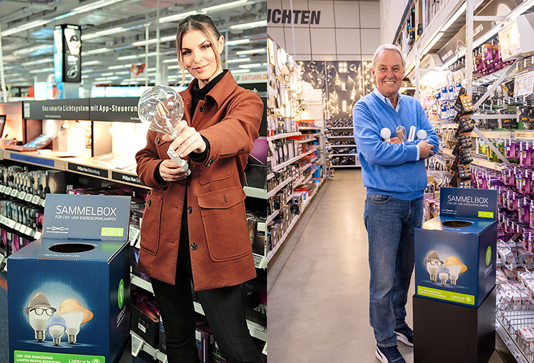 Laura und Jörg Wontorra präsentieren Lampen vor der Sammelbox im Markt